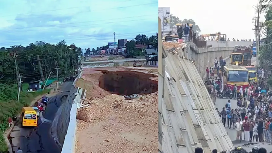 നിര്മാണത്തിലിരുന്ന ദേശീയപാത തകര്ന്നുവീണു; സര്വീസ് റോഡ് ഇടിഞ്ഞു താഴ്ന്നു