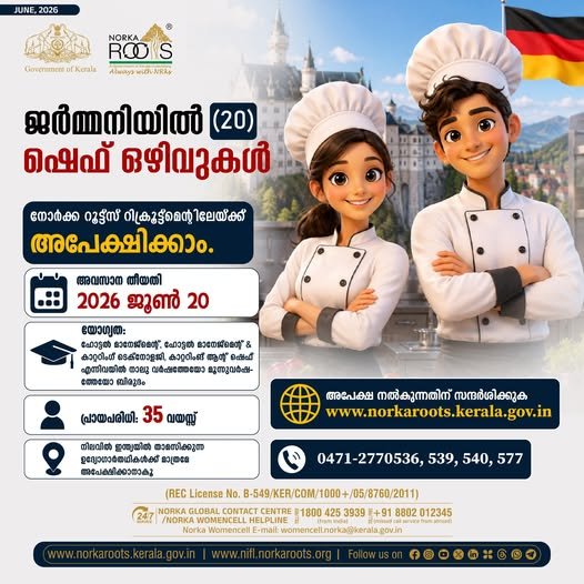 നോർക്ക വഴി ജർമ്മനിയിൽ ജോലി നേടാം; ഷെഫ് തസ്തികയിലേക്ക് സംഘടിപ്പിക്കുന്ന റിക്രൂട്ട്മെന്റിന് 20 വരെ അപേക്ഷിക്കാം നോർക്ക വഴി ജർമ്മനിയിൽ ജോലി നേടാം; ഷെഫ് തസ്തികയിലേക്ക് സംഘടിപ്പിക്കുന്ന റിക്രൂട്ട്മെന്റിന് 20 വരെ അപേക്ഷിക്കാം