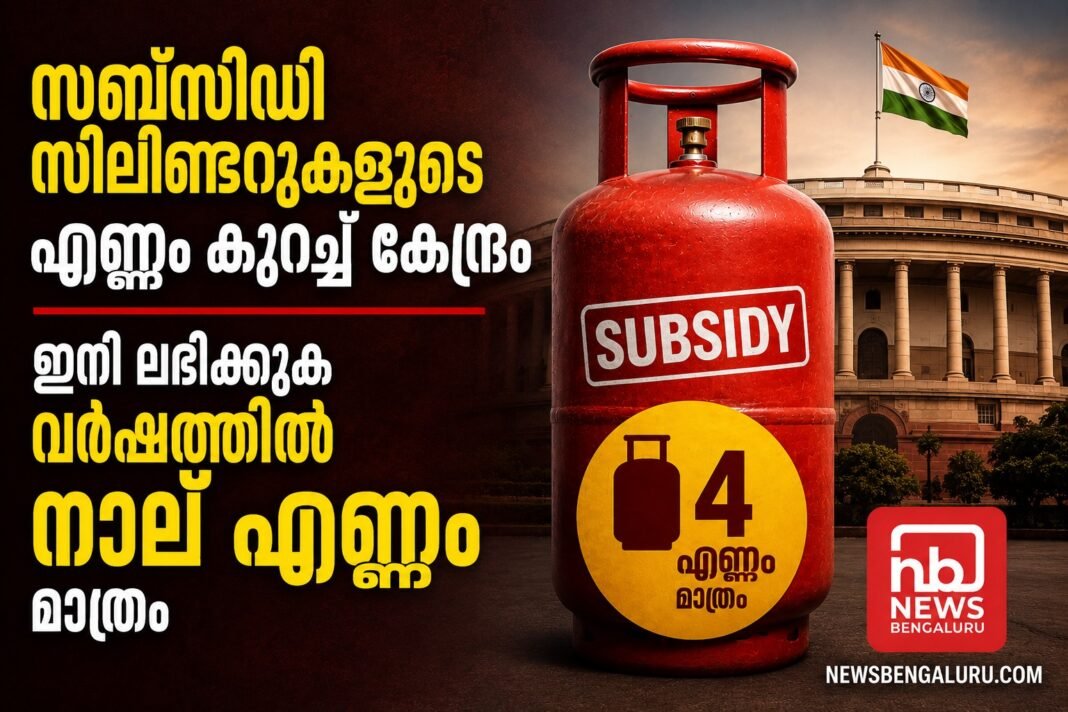 സബ്സിഡി സിലിണ്ടറുകളുടെ എണ്ണം കുറച്ച് കേന്ദ്രം; ഇനി ലഭിക്കുക വര്ഷത്തില് നാല് എണ്ണം മാത്രം സബ്സിഡി സിലിണ്ടറുകളുടെ എണ്ണം കുറച്ച് കേന്ദ്രം; ഇനി ലഭിക്കുക വര്ഷത്തില് നാല് എണ്ണം മാത്രം