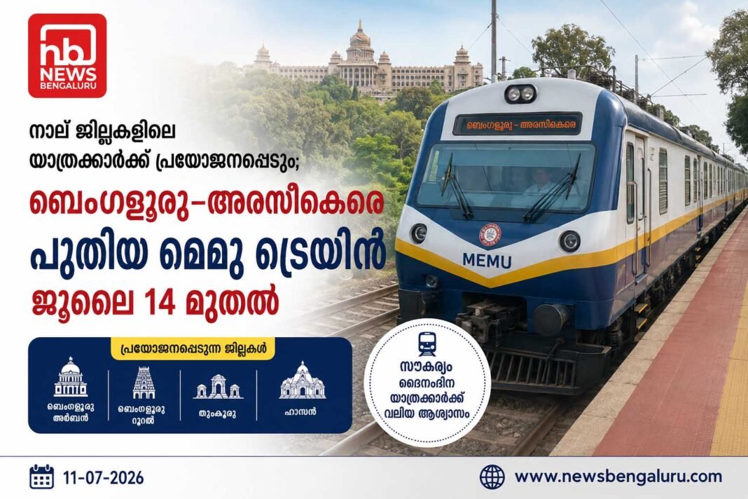 നാല് ജില്ലകളിലെ യാത്രക്കാര്ക്ക് പ്രയോജനപ്പെടും; ബെംഗളൂരു–അരസീകെരെ പുതിയ മെമു ട്രെയിൻ ജൂലൈ 14 മുതൽ നാല് ജില്ലകളിലെ യാത്രക്കാര്ക്ക് പ്രയോജനപ്പെടും; ബെംഗളൂരു–അരസീകെരെ പുതിയ മെമു ട്രെയിൻ ജൂലൈ 14 മുതൽ