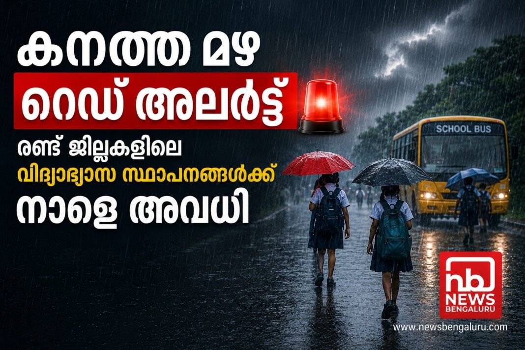 കനത്ത മഴ, റെഡ് അലര്ട്ട്; രണ്ട് ജില്ലകളിലെ വിദ്യാഭ്യാസ സ്ഥാപനങ്ങള്ക്ക് നാളെ അവധി കനത്ത മഴ, റെഡ് അലര്ട്ട്; രണ്ട് ജില്ലകളിലെ വിദ്യാഭ്യാസ സ്ഥാപനങ്ങള്ക്ക് നാളെ അവധി