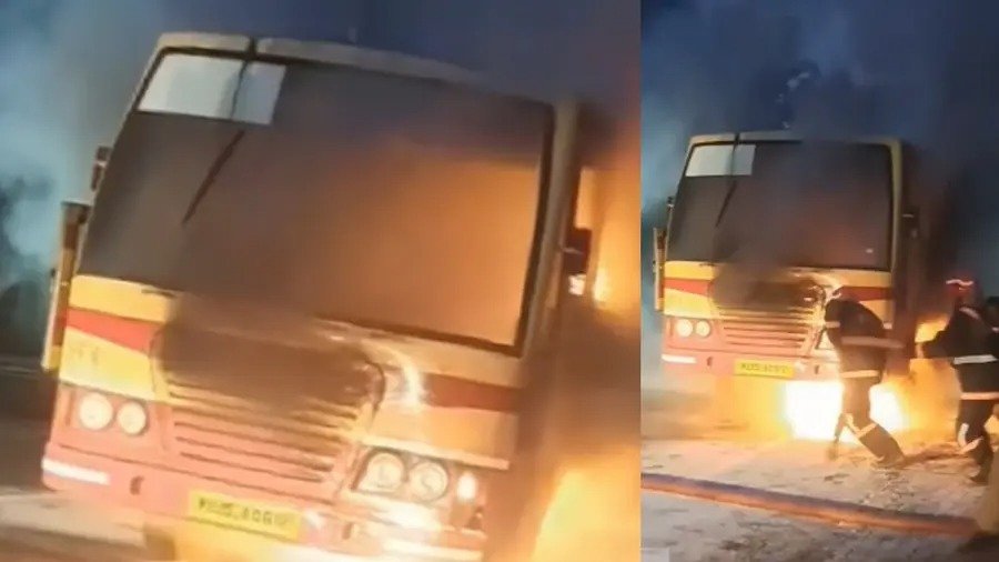 ചടയമംഗലത്ത് ഓടിക്കൊണ്ടിരുന്ന കെഎസ്ആര്ടിസി ബസിന് തീപിടിച്ചു ചടയമംഗലത്ത് ഓടിക്കൊണ്ടിരുന്ന കെഎസ്ആര്ടിസി ബസിന് തീപിടിച്ചു
