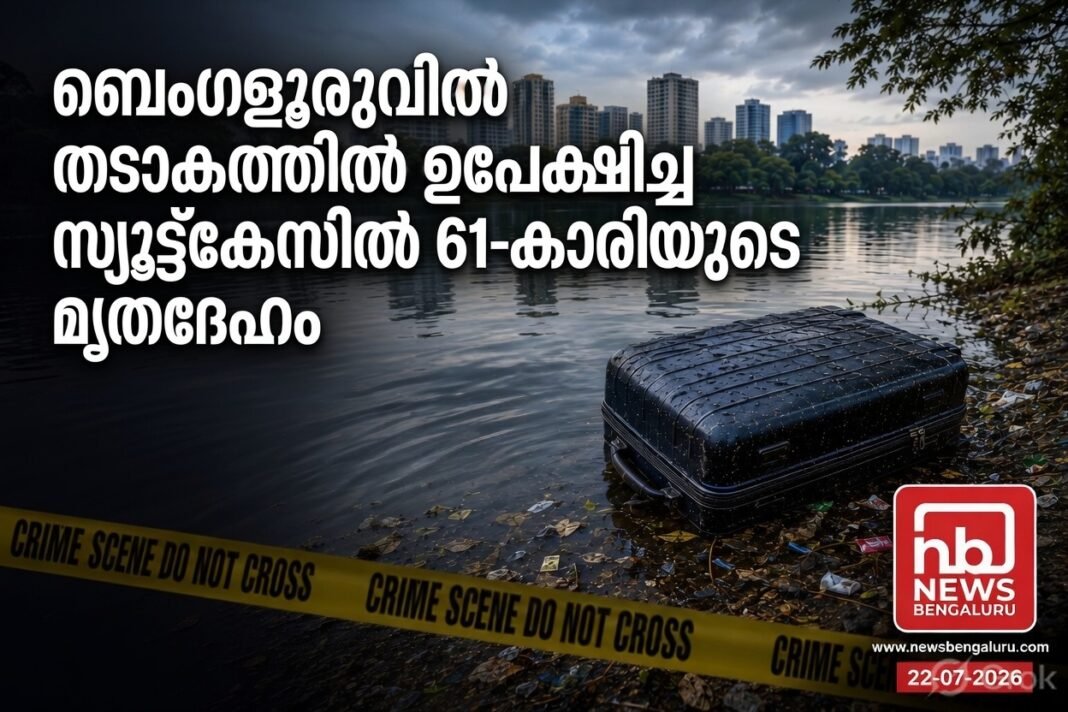 ബെംഗളൂരുവിൽ തടാകത്തിൽ ഉപേക്ഷിച്ച സ്യൂട്ട്കേസിൽ 61-കാരിയുടെ മൃതദേഹം; കൊലപാതകമെന്ന് സംശയം ബെംഗളൂരുവിൽ തടാകത്തിൽ ഉപേക്ഷിച്ച സ്യൂട്ട്കേസിൽ 61-കാരിയുടെ മൃതദേഹം; കൊലപാതകമെന്ന് സംശയം