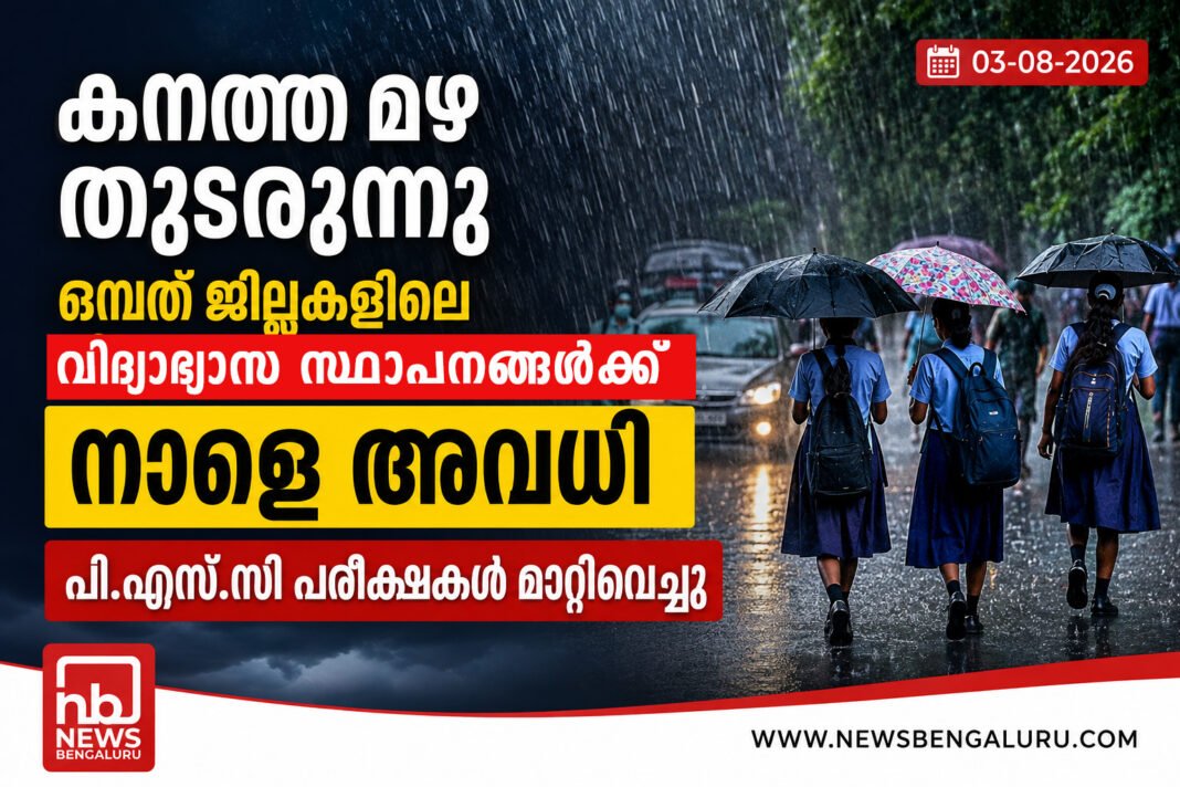 കനത്ത മഴ തുടരുന്നു; ഒമ്പത് ജില്ലകളിലെ വിദ്യാഭ്യാസ സ്ഥാപനങ്ങള്ക്ക് നാളെ അവധി, പി എസ് സി പരീക്ഷകള് മാറ്റിവെച്ചു കനത്ത മഴ തുടരുന്നു; ഒമ്പത് ജില്ലകളിലെ വിദ്യാഭ്യാസ സ്ഥാപനങ്ങള്ക്ക് നാളെ അവധി, പി എസ് സി പരീക്ഷകള് മാറ്റിവെച്ചു