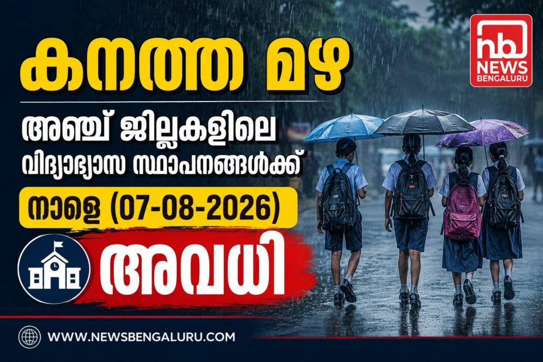 കനത്ത മഴ: അഞ്ച് ജില്ലകളിലെ വിദ്യാഭ്യാസ സ്ഥാപനങ്ങൾക്ക് നാളെ അവധി കനത്ത മഴ: അഞ്ച് ജില്ലകളിലെ വിദ്യാഭ്യാസ സ്ഥാപനങ്ങൾക്ക് നാളെ അവധി