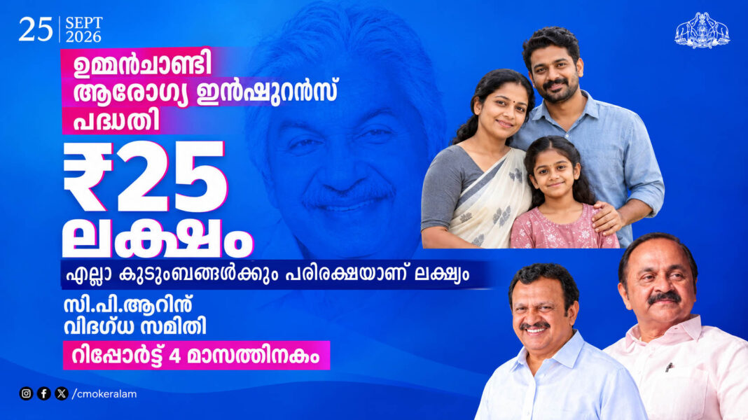 എല്ലാ കുടുംബങ്ങള്ക്കും 25 ലക്ഷം രൂപയുടെ ഇൻഷുറൻസ് പരിരക്ഷ; ഉമ്മൻചാണ്ടി ആരോഗ്യ ഇൻഷുറൻസ് പദ്ധതി യാഥാർത്ഥ്യത്തിലേക്ക് എല്ലാ കുടുംബങ്ങള്ക്കും 25 ലക്ഷം രൂപയുടെ ഇൻഷുറൻസ് പരിരക്ഷ; ഉമ്മൻചാണ്ടി ആരോഗ്യ ഇൻഷുറൻസ് പദ്ധതി യാഥാർത്ഥ്യത്തിലേക്ക്