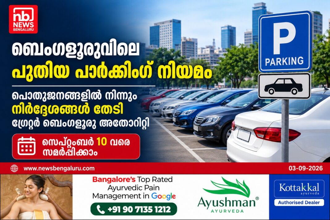 ബെംഗളൂരുവിലെ പുതിയ പാര്ക്കിംഗ് നിയമം; പൊതുജനങ്ങളില് നിന്നും നിർദ്ദേശങ്ങൾ തേടി ഗ്രേറ്റർ ബെംഗളൂരു അതോറിറ്റി ബെംഗളൂരുവിലെ പുതിയ പാര്ക്കിംഗ് നിയമം; പൊതുജനങ്ങളില് നിന്നും നിർദ്ദേശങ്ങൾ തേടി ഗ്രേറ്റർ ബെംഗളൂരു അതോറിറ്റി