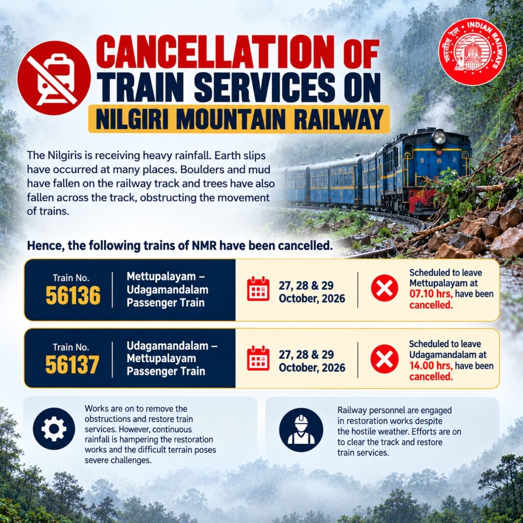 മഴയും മണ്ണിടിച്ചിലും; ഊട്ടി നീലഗിരി മൗണ്ടൻ ട്രെയിൻ സർവീസ് ഒക്ടോബർ 29 വരെ റദ്ദാക്കി മഴയും മണ്ണിടിച്ചിലും; ഊട്ടി നീലഗിരി മൗണ്ടൻ ട്രെയിൻ സർവീസ് ഒക്ടോബർ 29 വരെ റദ്ദാക്കി