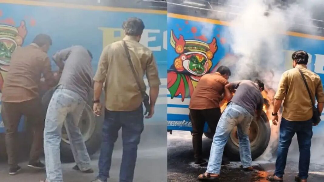 ഓടുന്നതിനിടെ ബസിന്റെ ടയര് പൊട്ടിത്തെറിച്ചു; ഒഴിവായത് വൻ ദുരന്തം ഓടുന്നതിനിടെ ബസിന്റെ ടയര് പൊട്ടിത്തെറിച്ചു; ഒഴിവായത് വൻ ദുരന്തം