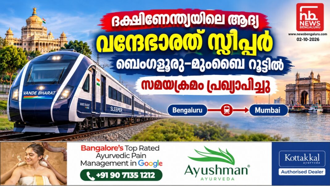 ദക്ഷിണേന്ത്യയിലെ ആദ്യ വന്ദേഭാരത് സ്ലീപ്പർ ബെംഗളൂരു–മുംബൈ റൂട്ടിൽ; സമയക്രമം പ്രഖ്യാപിച്ചു ദക്ഷിണേന്ത്യയിലെ ആദ്യ വന്ദേഭാരത് സ്ലീപ്പർ ബെംഗളൂരു–മുംബൈ റൂട്ടിൽ; സമയക്രമം പ്രഖ്യാപിച്ചു