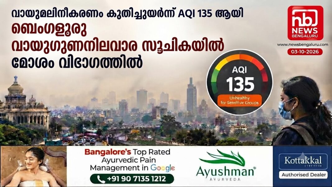 വായുമലിനീകരണം; ബെംഗളൂരുവിലെ വായുഗുണനിലവാര സൂചിക AQI 135 ആയി ഉയര്ന്നു വായുമലിനീകരണം; ബെംഗളൂരുവിലെ വായുഗുണനിലവാര സൂചിക AQI 135 ആയി ഉയര്ന്നു
